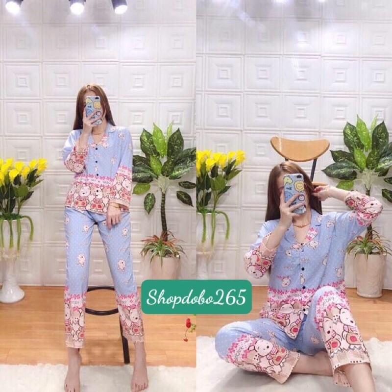 Đồ bộ nữ mặc nhà, bộ pijama dài tay vải lụa viền chân thời trang.