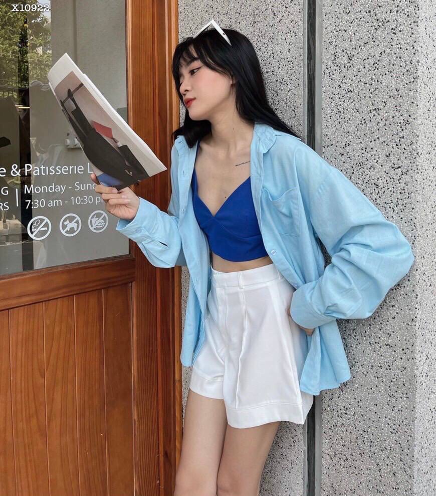 SET ÁO BRA CROPTOP DÂY XANH DƯƠNG + SƠ MI TAY DÀI PASTEL + QUẦN SHORTS NGẮN LƯNG CAO ỐNG RỘNG ĐI BIỂN