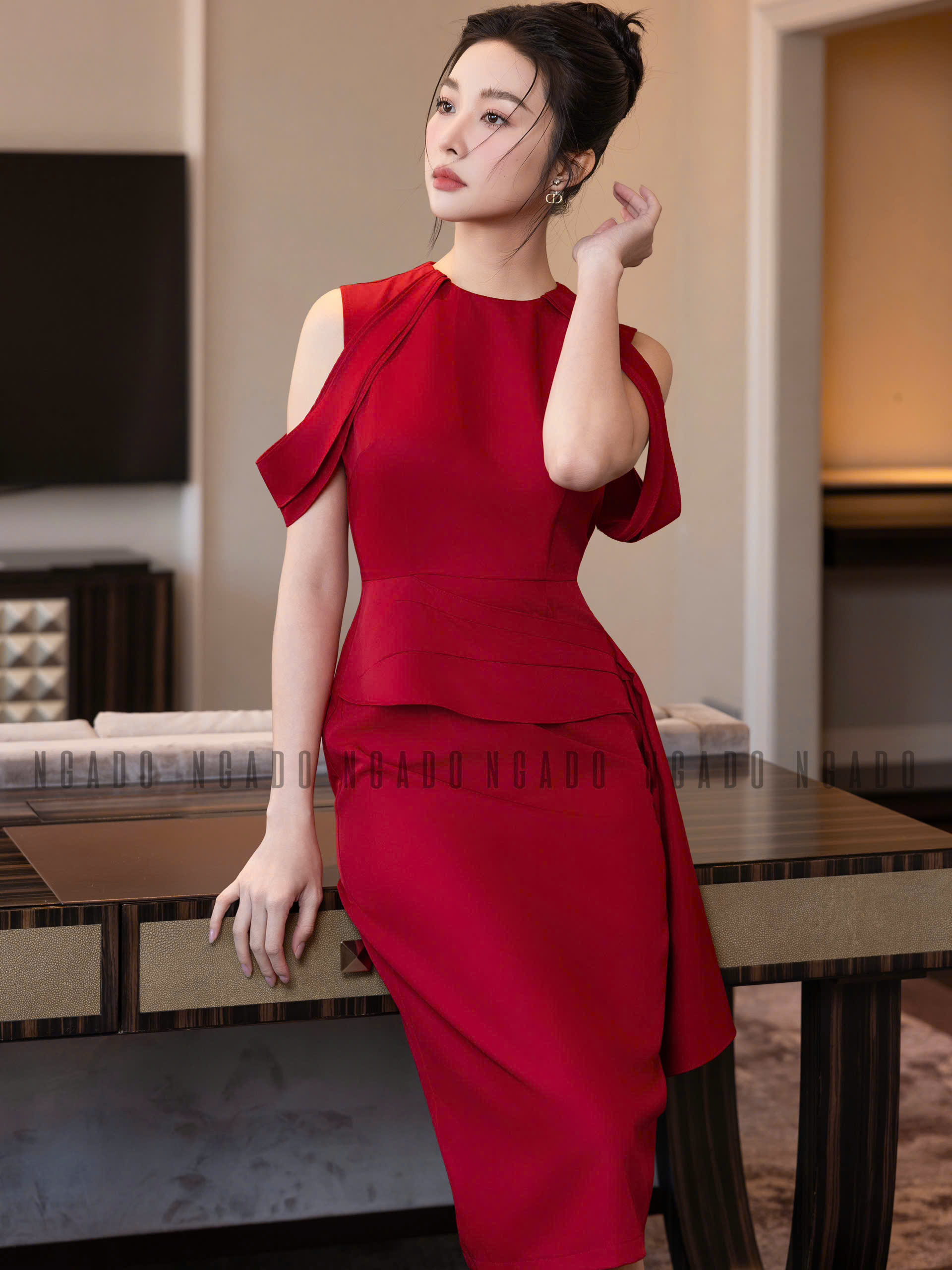 Đầm đỏ tay rơi NGADO , đầm kiểu nữ , đầm dự tiệc , đầm công sở