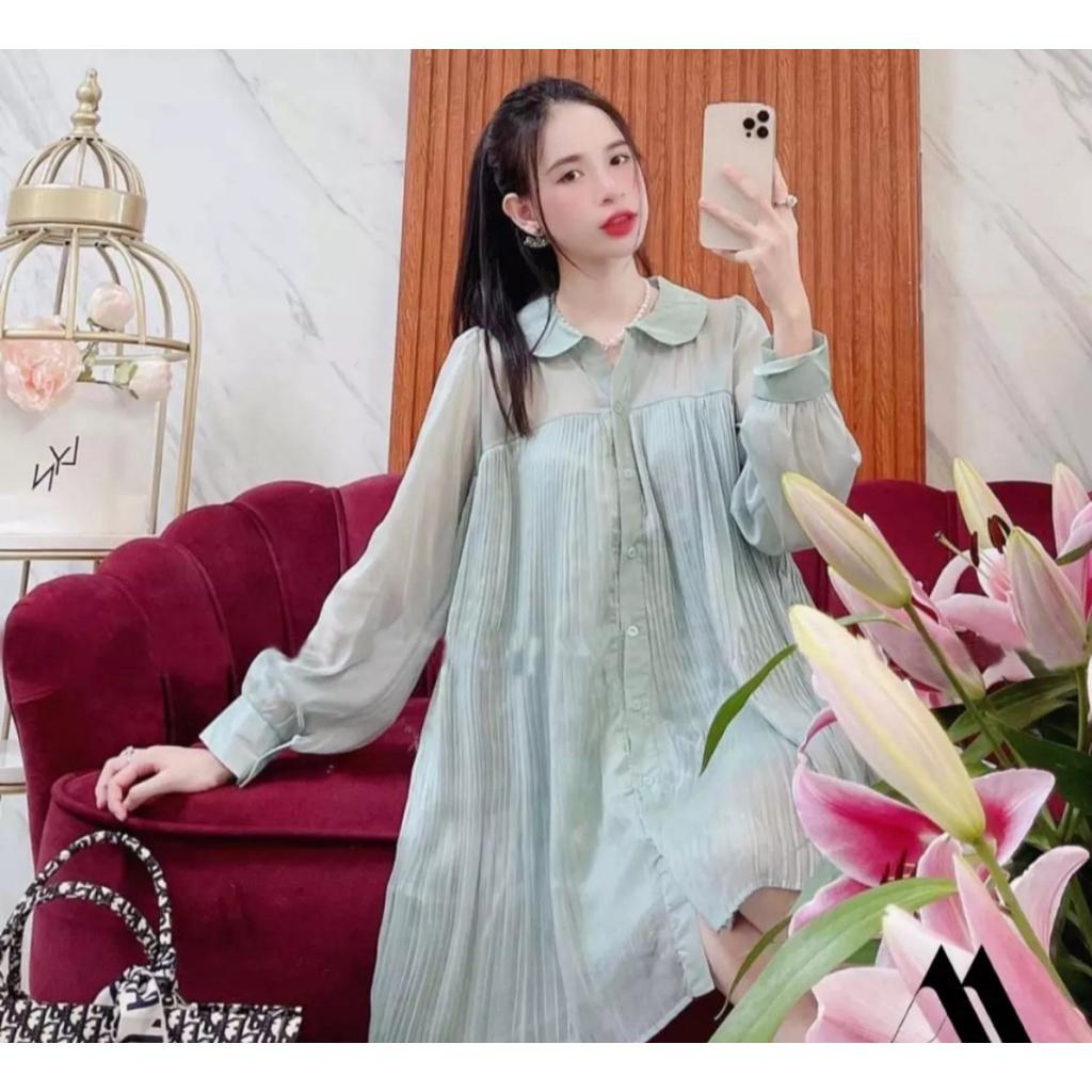 Đầm suông dập ly cổ sen- chất liệu Voan tơ cao cấp Xanh/Hồng/Vàng