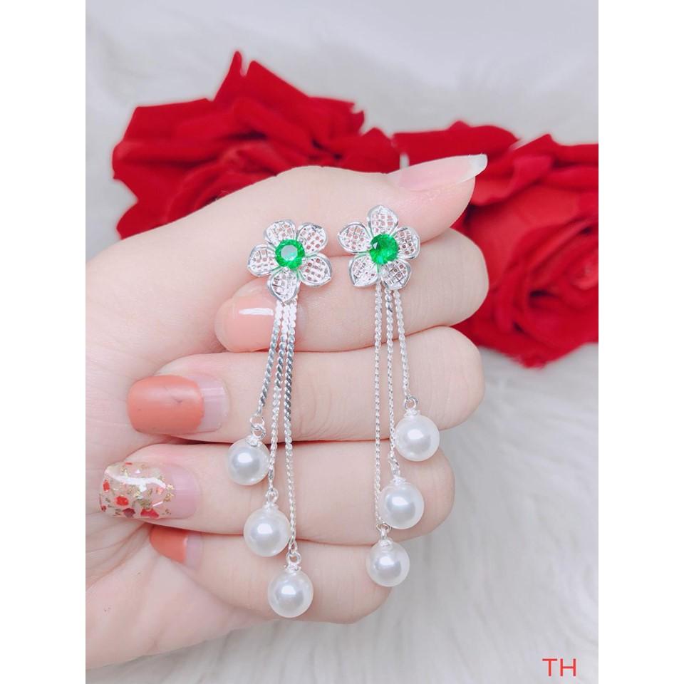 Bông tai bạc gắn 3 hạt trai thả dài MS88