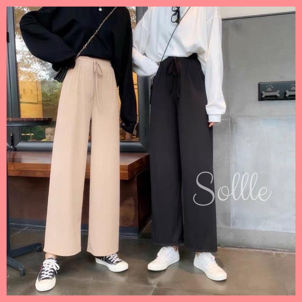 Quần len nữ ống suông rộng cạp chun culottes gân tăm free size chất mát Sollle