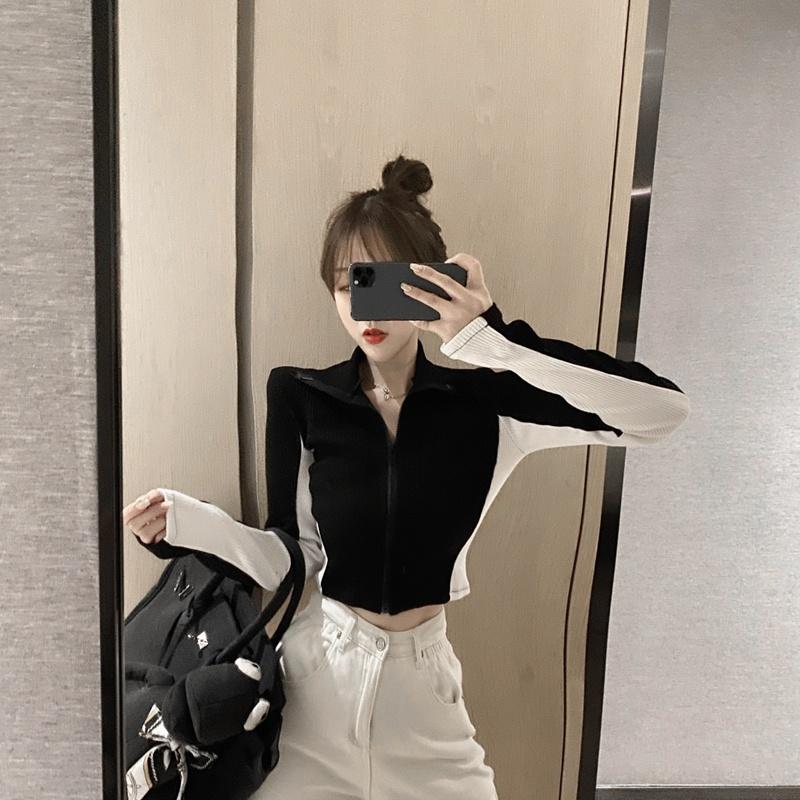 Áo Khoác Len Croptop Tay Dài, Màu Pha Co Dãn Phong Cách Hàn Quốc