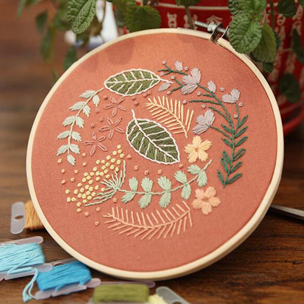 Embroidery Hoop Kids Adult Cross Stitch Threads Kits Flower Leaves, 2 Styles