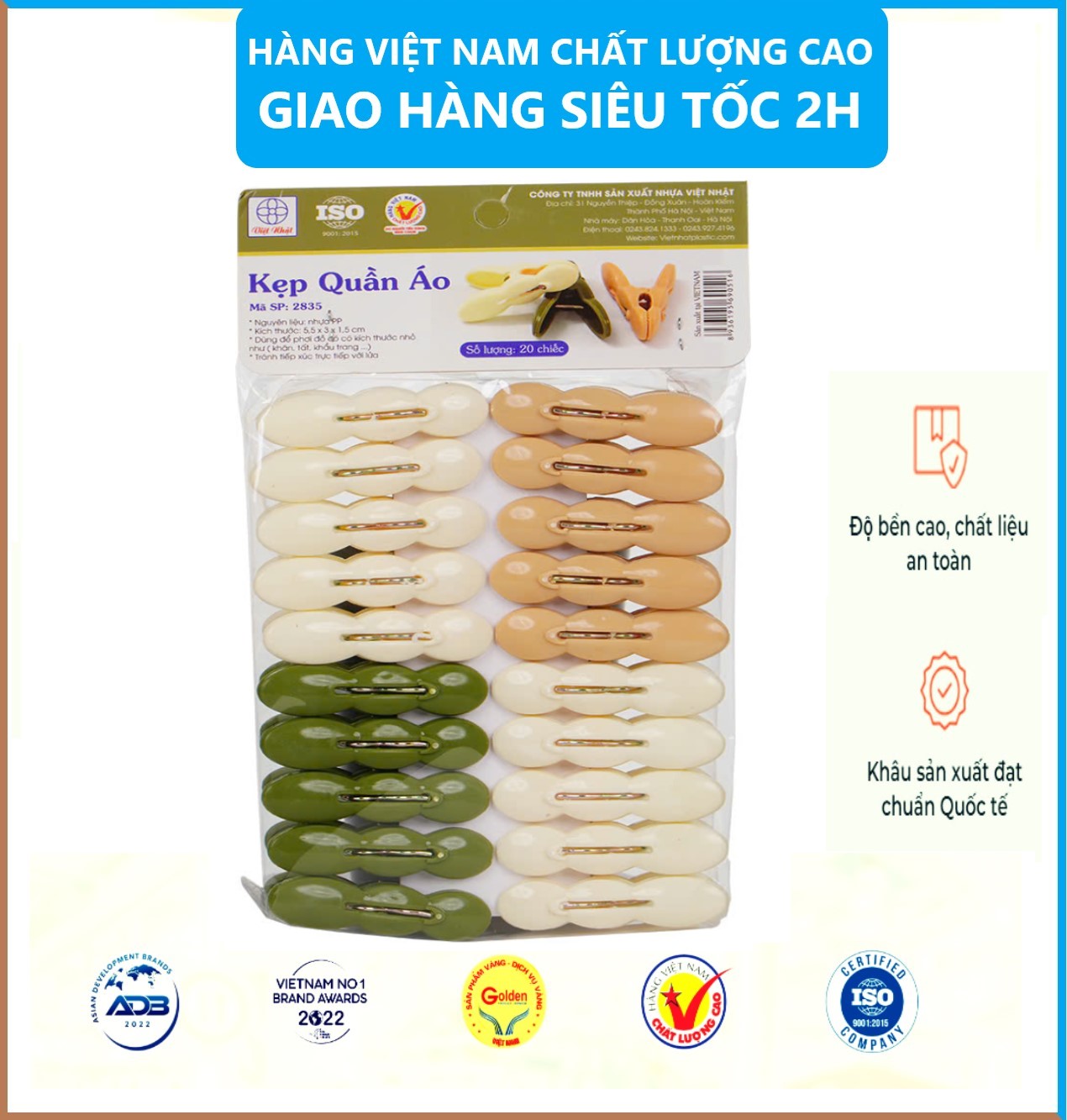 Vỉ 20 Kẹp Quần Áo Nhựa Việt Nhật 2835 Kẹp Củ Lạc Phơi Đồ Tiện Ích - Hàng Việt Nam