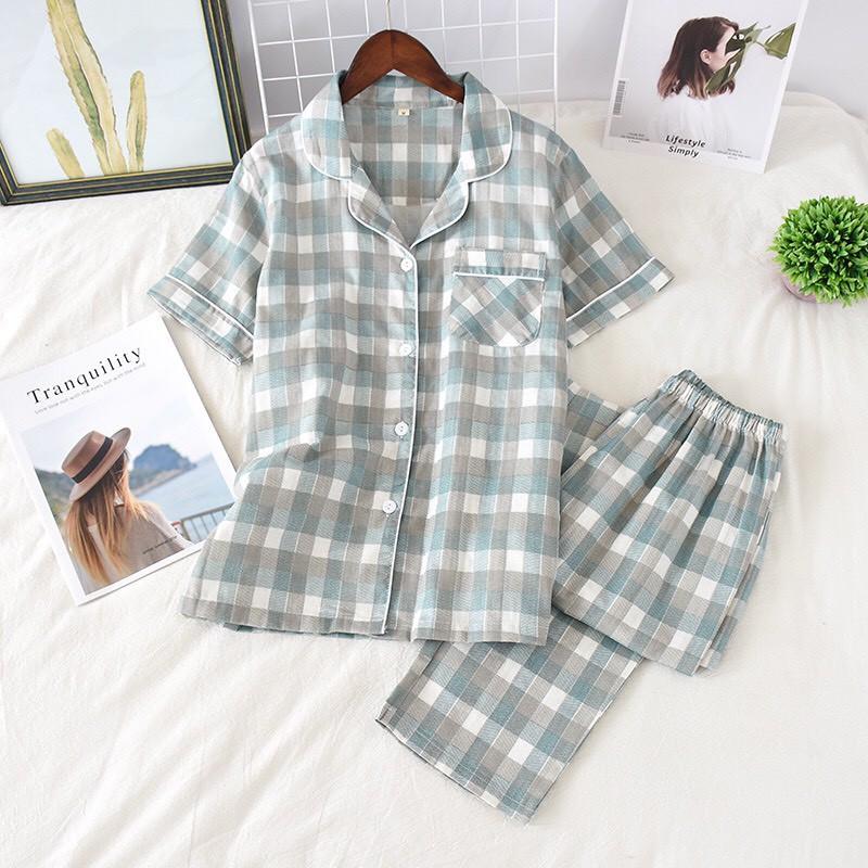 Bộ pyjama nữ vải xô cotton hoạ tiết kẻ caro