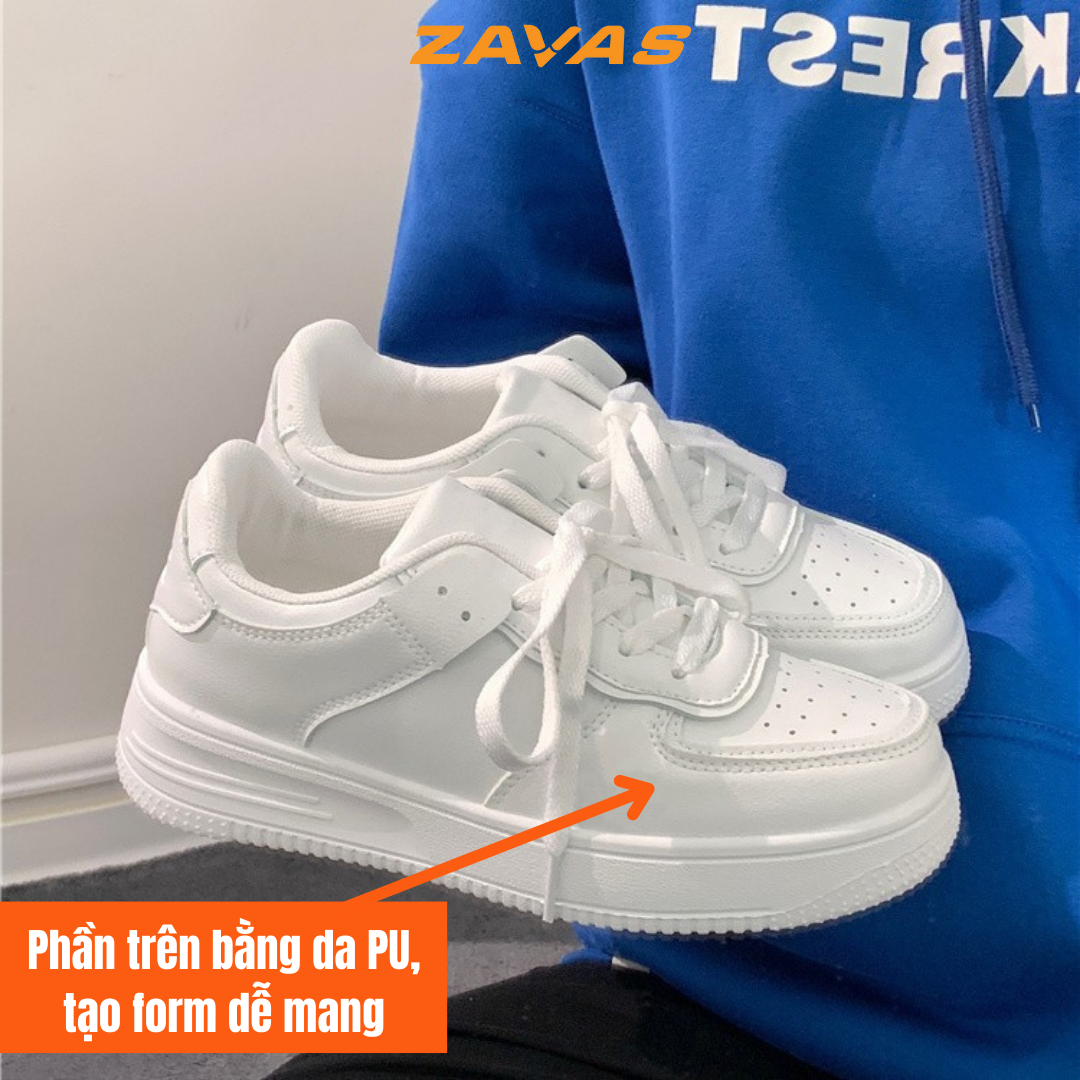 Giày thể thao sneaker nữ ZAVAS đế cao 3cm màu trắng bằng da mang êm chân thời trang cá tính - S424