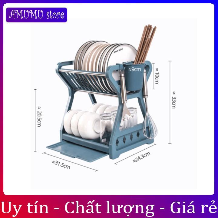 Kệ để bát 2 tầng có ống đựng đũa nhà bếp phòng trọ, Kệ để bát đĩa thoát nước thông minh, Tủ đựng bát mini thông minh