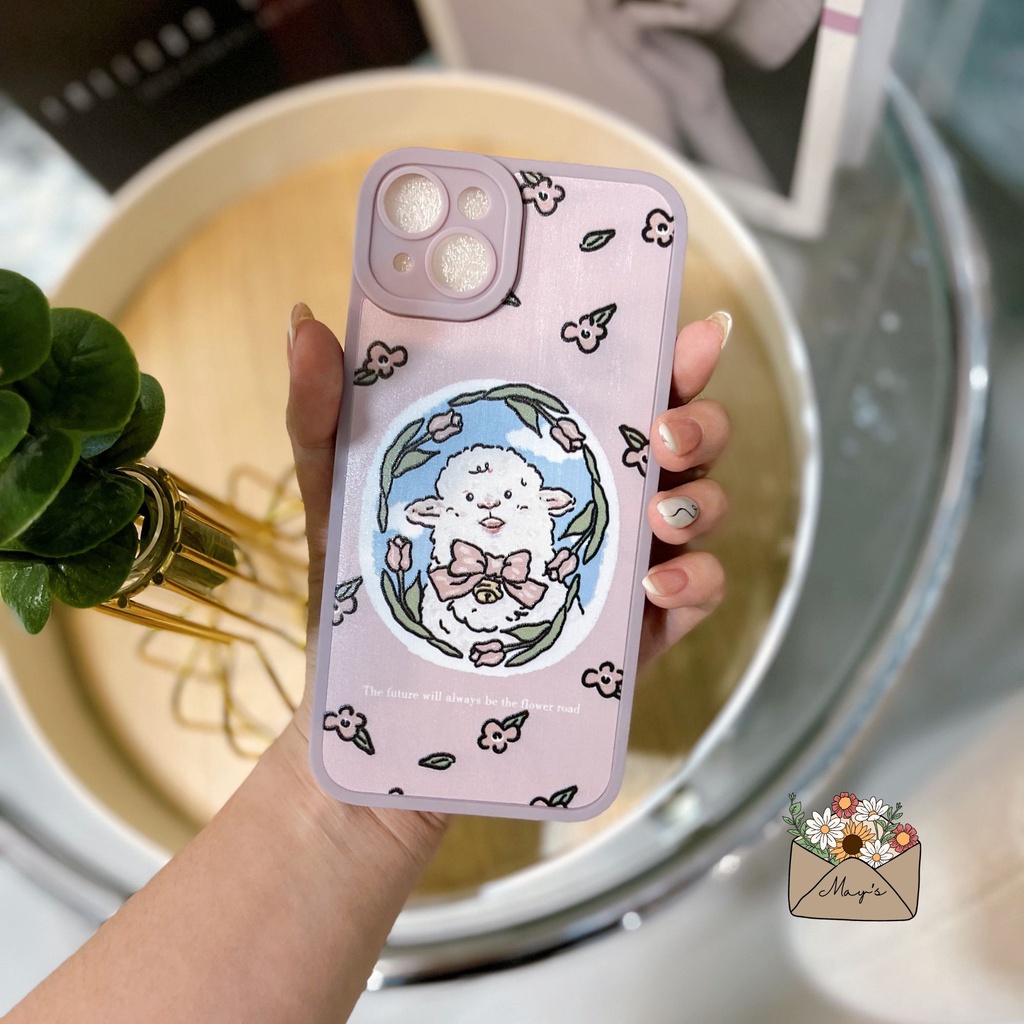 Ốp iPhone Silicon chống sốc có kính bảo vệ camera họa tiết hình cừu màu hồng tím cho iPhone 14, 13, 12, 14 Plus, Pro Max