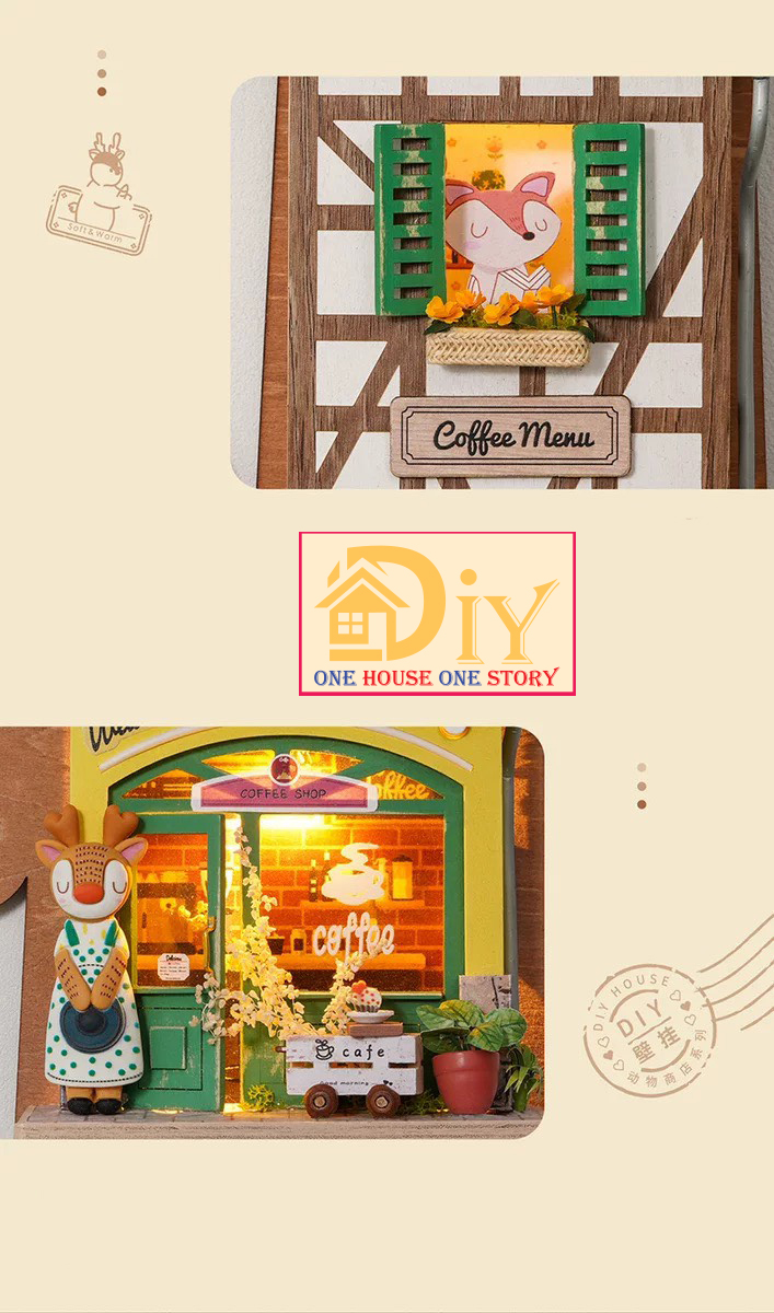 [Bản tiếng Anh]Nhà búp bê bằng gỗ Treo tường tự lắp ráp Lazy Coffee House DIY- Quà tặng sinh nhật giáng sinh trang trí nhà cửa
