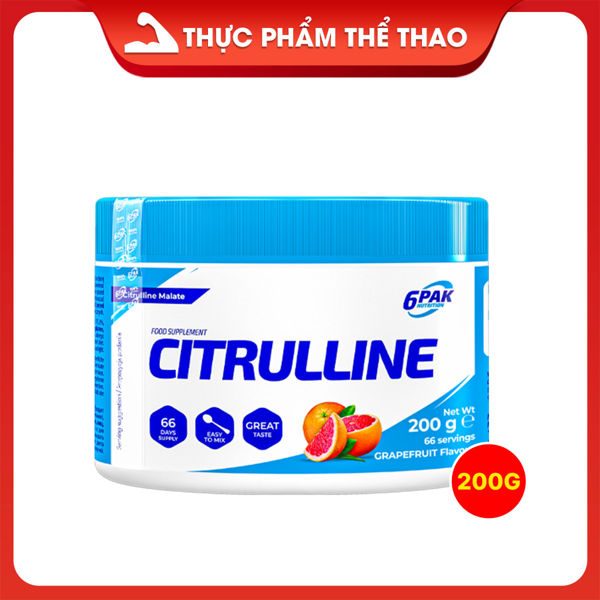 Thực phẩm bổ sung CITRULLINE (200g) - Gia tăng sức mạnh - Hàng chính hãng 6PAK