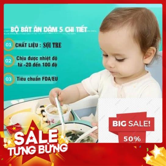 Bộ bát chén khay muỗng ăn dặm cho bé kiểu nhật 5 món đồ kèm thìa dĩa hình thú - bằng sợi tre an toàn FDA/EU