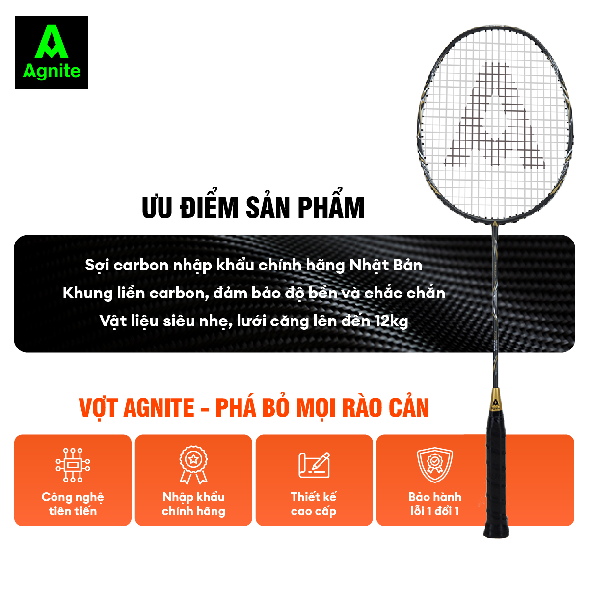 Vợt cầu lông đơn cao cấp chơi chuyên nghiệp Agnite, 100% CARBON, khớp nối liền siêu bền nhẹ tặng kèm phụ kiện