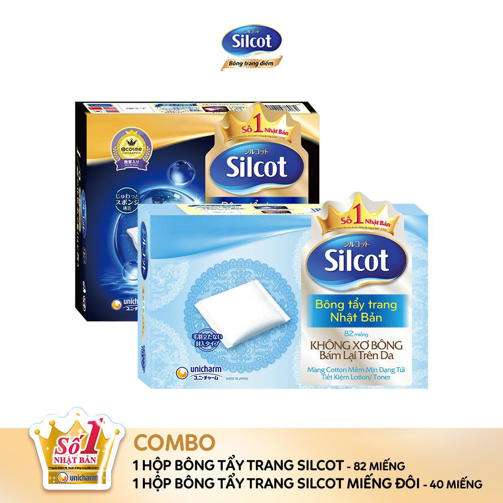 Combo 1 Hộp Silcot Bông Đắp Dưỡng Miếng Đôi (40 Miếng/Hộp) Và 1 Hộp Silcot Bông Trang Điểm (bông tẩy trang) Nhật Bản (82 Miếng/Hộp)