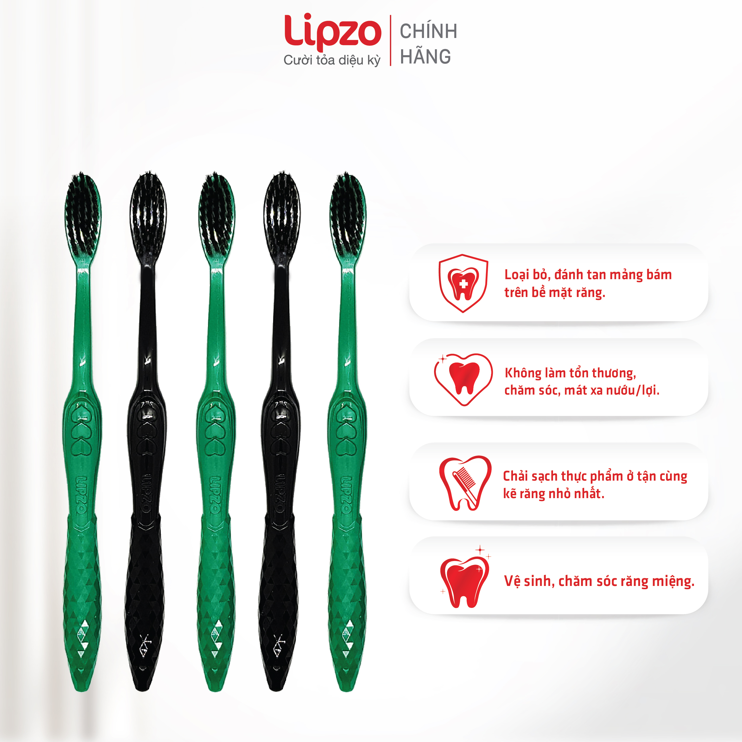 Vỉ 4 Tặng 1 Bàn Chải Đánh Răng Lipzo Ruby Charcoal Cho Răng Nhạy Cảm Công Nghệ Chỉ Tơ Than Hoạt Tính Kháng Khuẩn