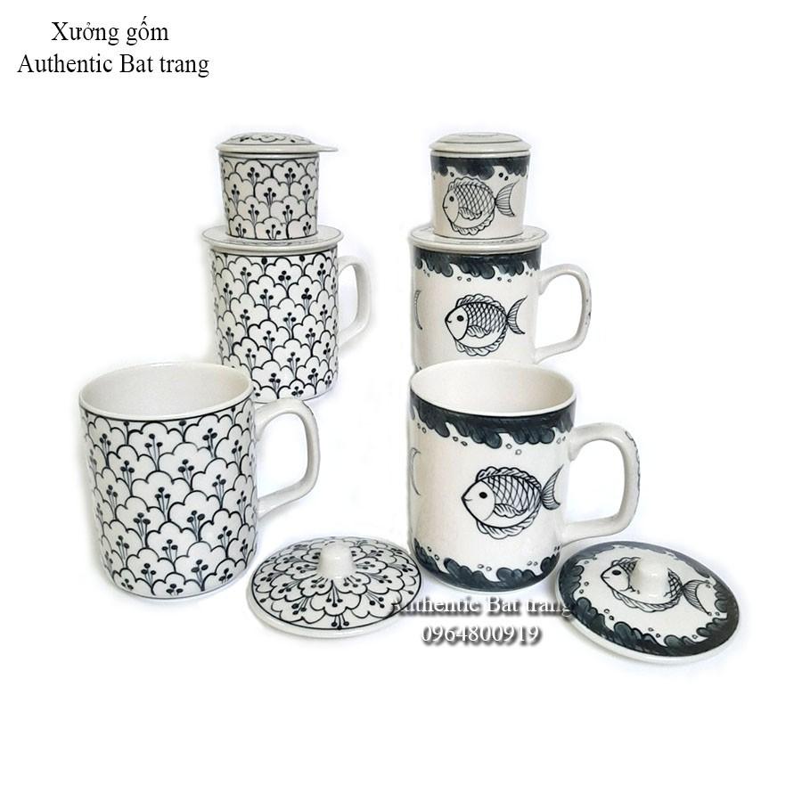 BỘ CỐC SỨ PHA CÀ PHÊ PHIN, PHA TRÀ 3TRONG1 siêu tiện lợi, VẼ TAY bởi Xưởng gốm sứ Authentic Bát tràng