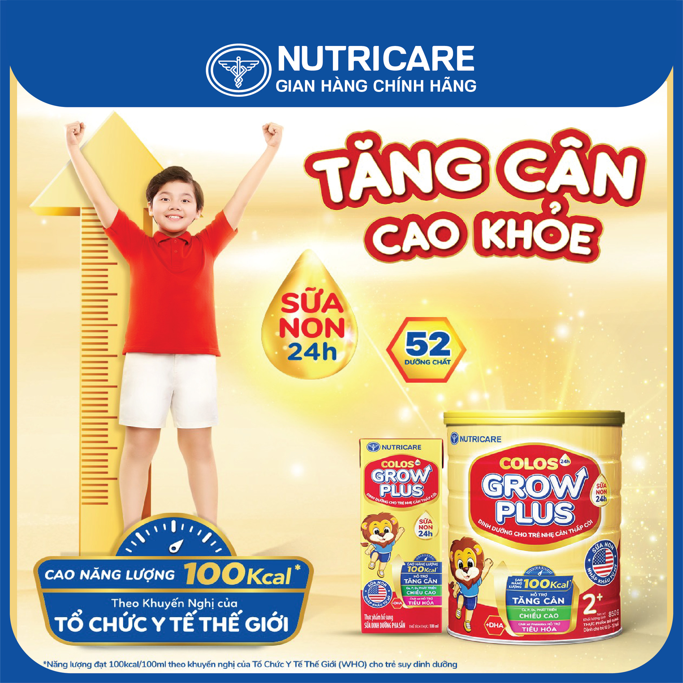 [Tặng 2 lọ yến] Sữa bột Nutricare Colos 24h Grow Plus 1+ giúp trẻ phát triển toàn diện 850g