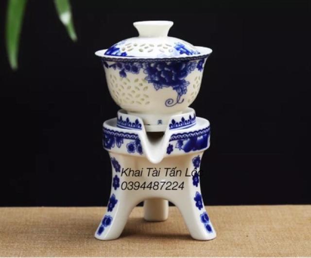 Bộ ấm trà ( cốc chén )gốm sứ thấu quang hoa mẫu đơn xanh