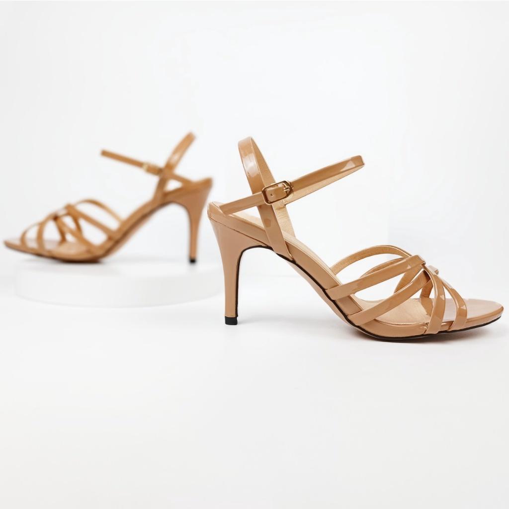 Giày sandal cao gót đan dây quai mảnh gót nhọn 7p da bóng HADU G729