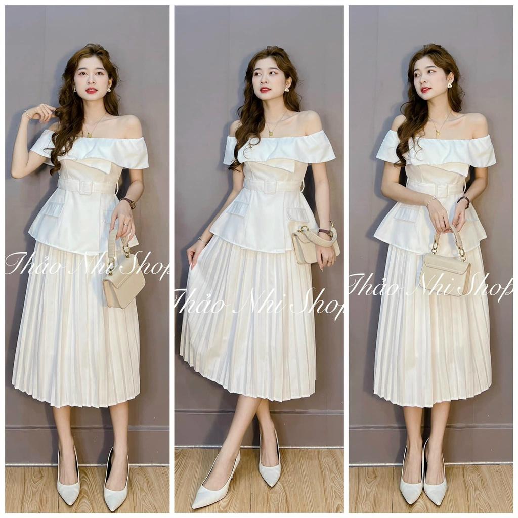 Set áo trắng bẹt vai cháo đắp tà chân vấy trắng midi dập ly mẫu chị thảo nhi shop