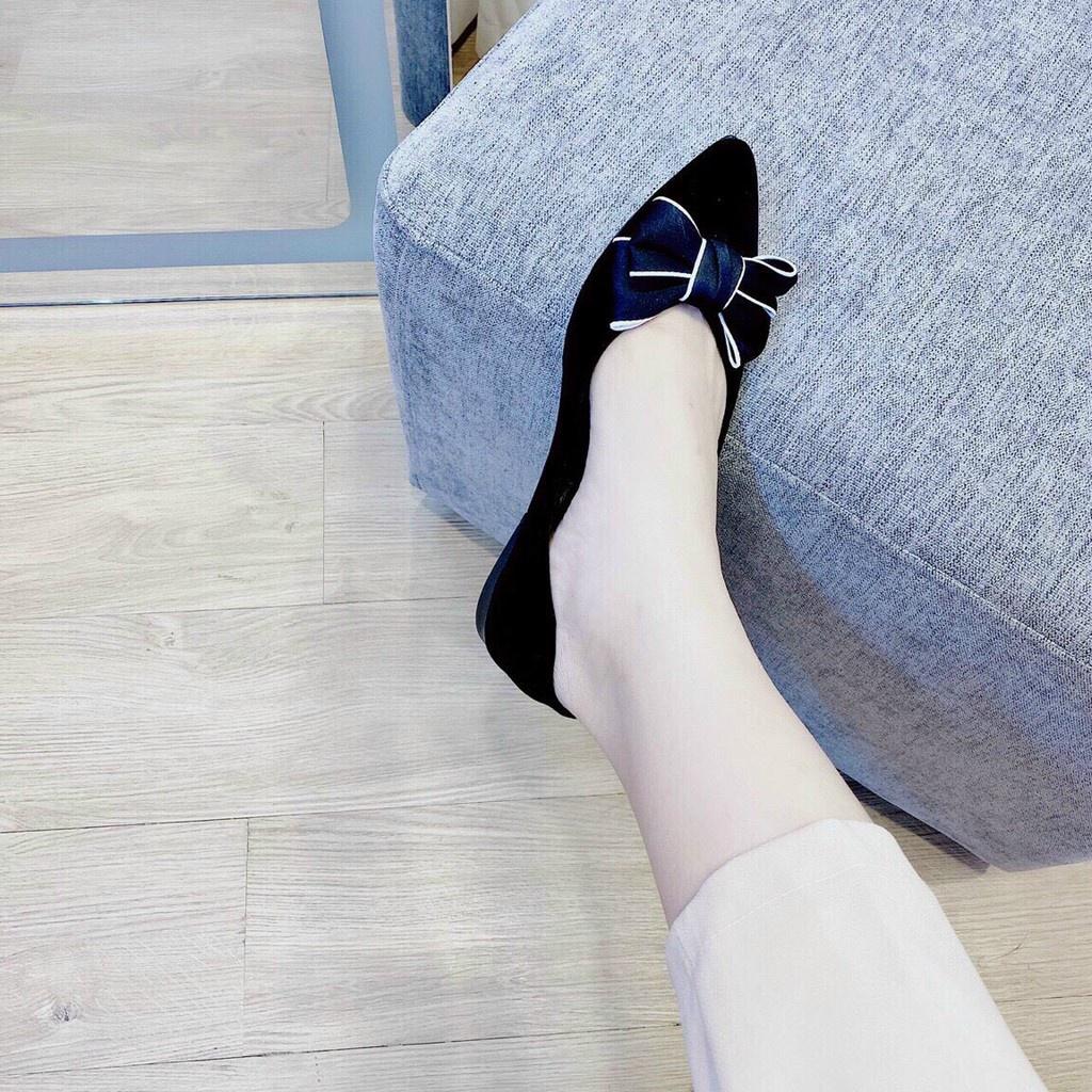 Giày nữ- gày bệt- giày nhung mũi nhọn gắn nơ xinh