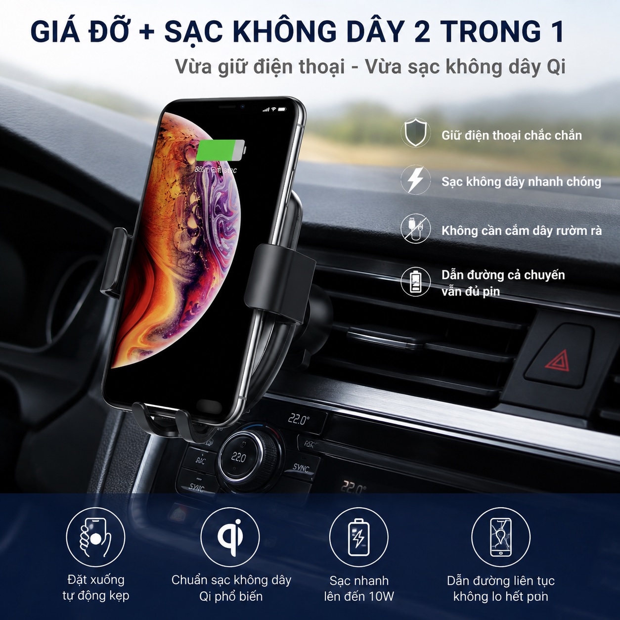 Giá đỡ điện thoại sạc nhanh không dây 2 in 1 gắn chân không + kẹp khe gió Choetech T536 Cho điện thoại / iPhone - Kẹp Trọng Lực Xoay 360 Độ Kẹp Khe Gió Hoặc Dán Taplo - hàng nhập khẩu