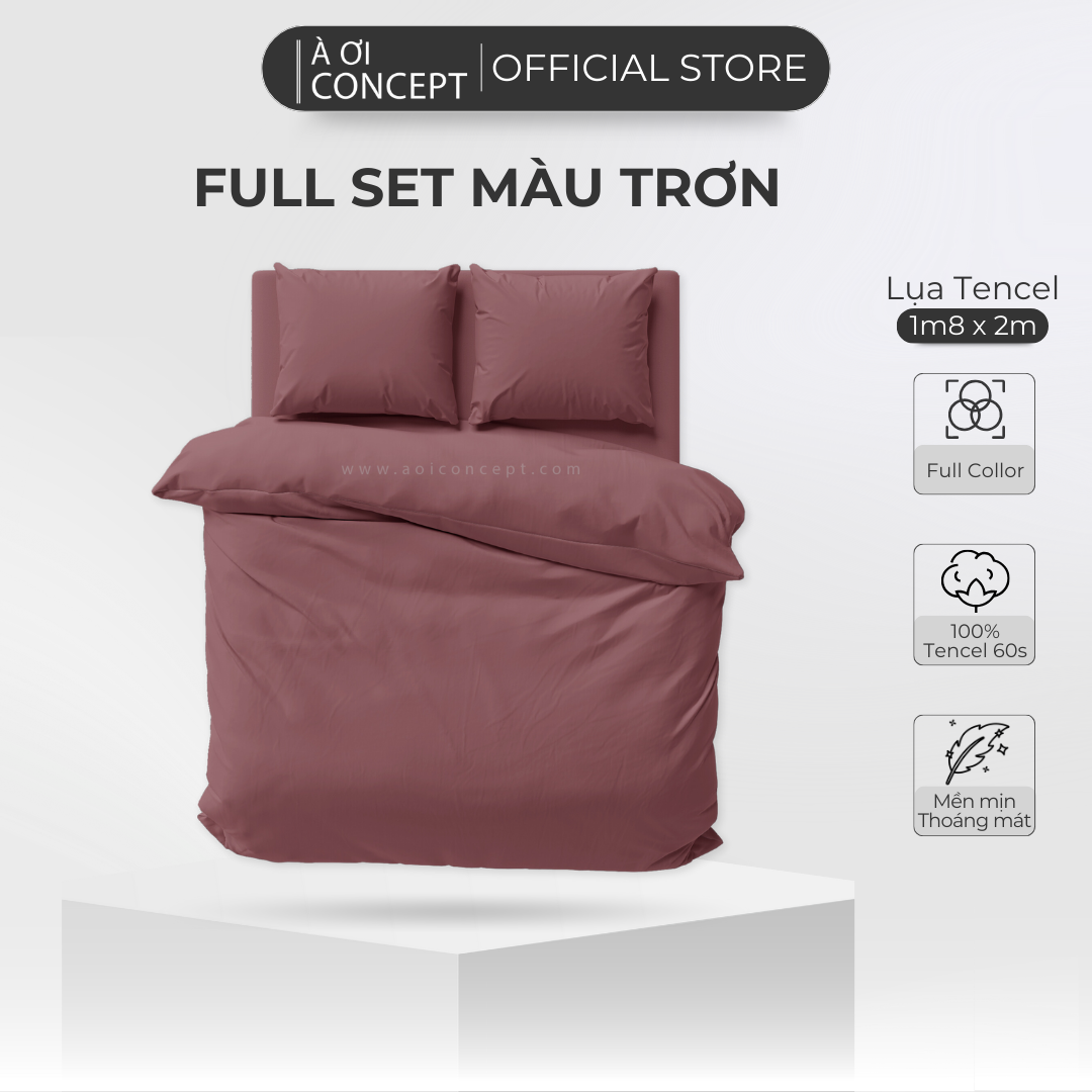 Bộ Chăn Ga Gối 5 Món Lụa Tencel Size 1m8 x 2m Trơn Nhiều Màu À Ơi Concept cao cấp Hàn Quốc