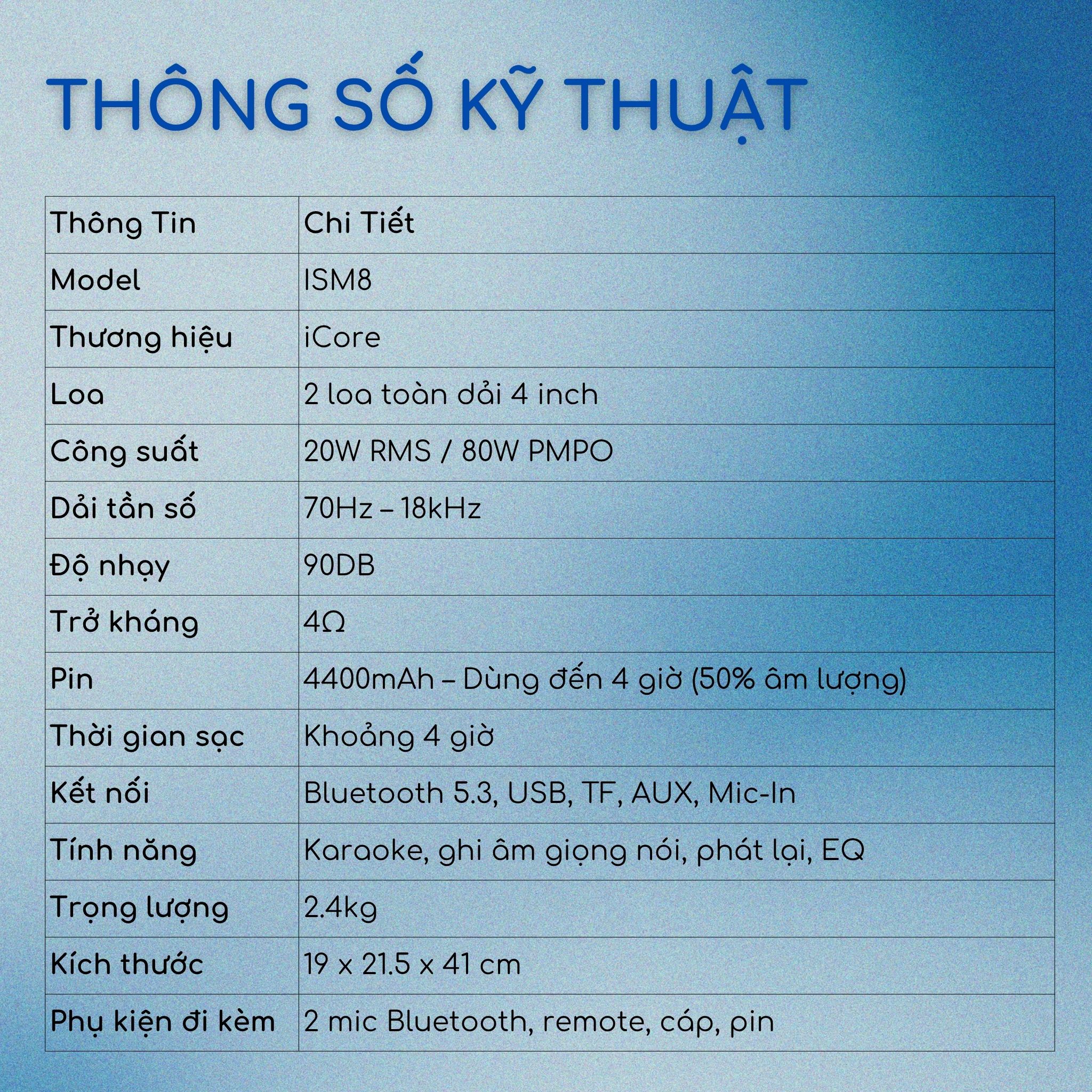 Bộ Loa Karaoke iCore ISM8 Kèm 2 Micro Bluetooth - Hàng chính hãng