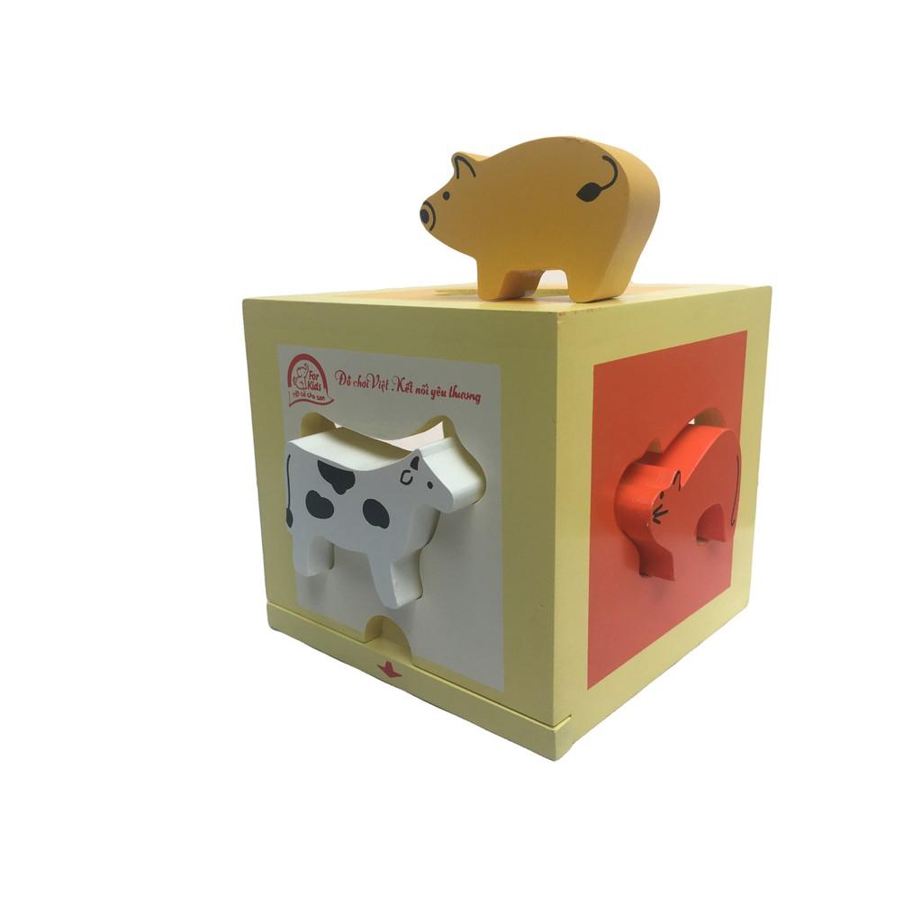 Hộp thả hình vật nuôi đồ chơi nhận hình cho bé, đồ chơi gỗ giáo dục thông minh, bé học các con vật nuôi thân thuộc