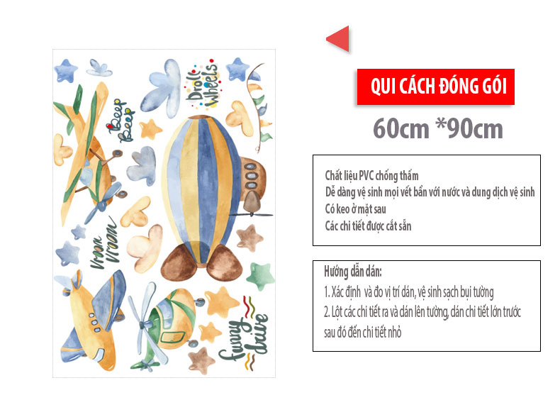 Sticker Giấy Dán Tường Decal Dán tường Mẫu Máy bay và kinh khí cầu ZH010