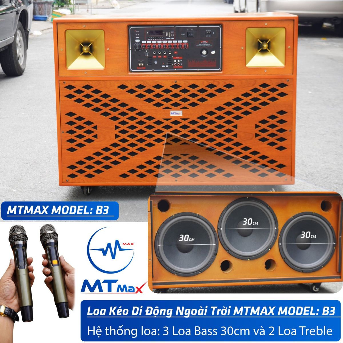 Loa kéo di động MTMax B3 - Dàn karaoke ngoài trời 3 bass 3 tấc, 2 treble - Loa khủng long 3 đường tiếng công suất cực lớn đến 7000W - Kèm 2 micro không dây UHF