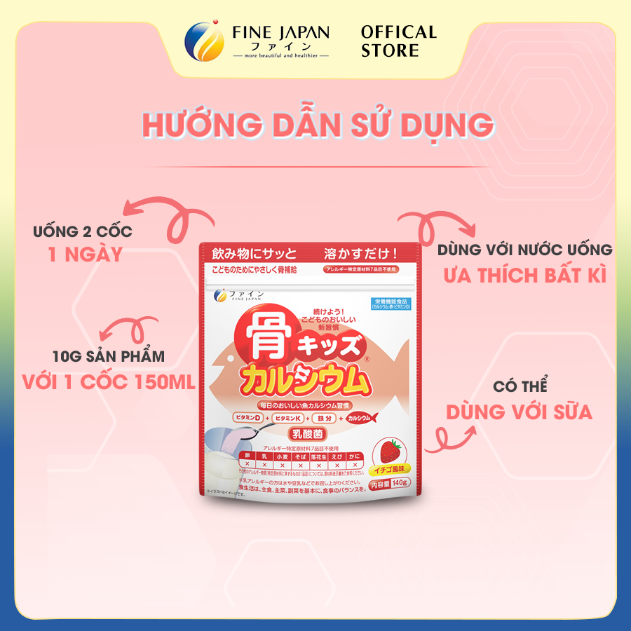 Bột Canxi Cá Tuyết Vị Dâu Fine Bone's Calcium For Kids Gói 140G Bổ Sung Canxi Phát Triển Chiều Cao  5.0  4 Đánh Giá 18 Đã Bán