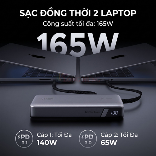 Sạc dự phòng Ugreen Power Bank Built-In Dual Cable 25cm 1USB 2Type-C 165W 25000mAh PB552 55995B - Hàng chính hãng