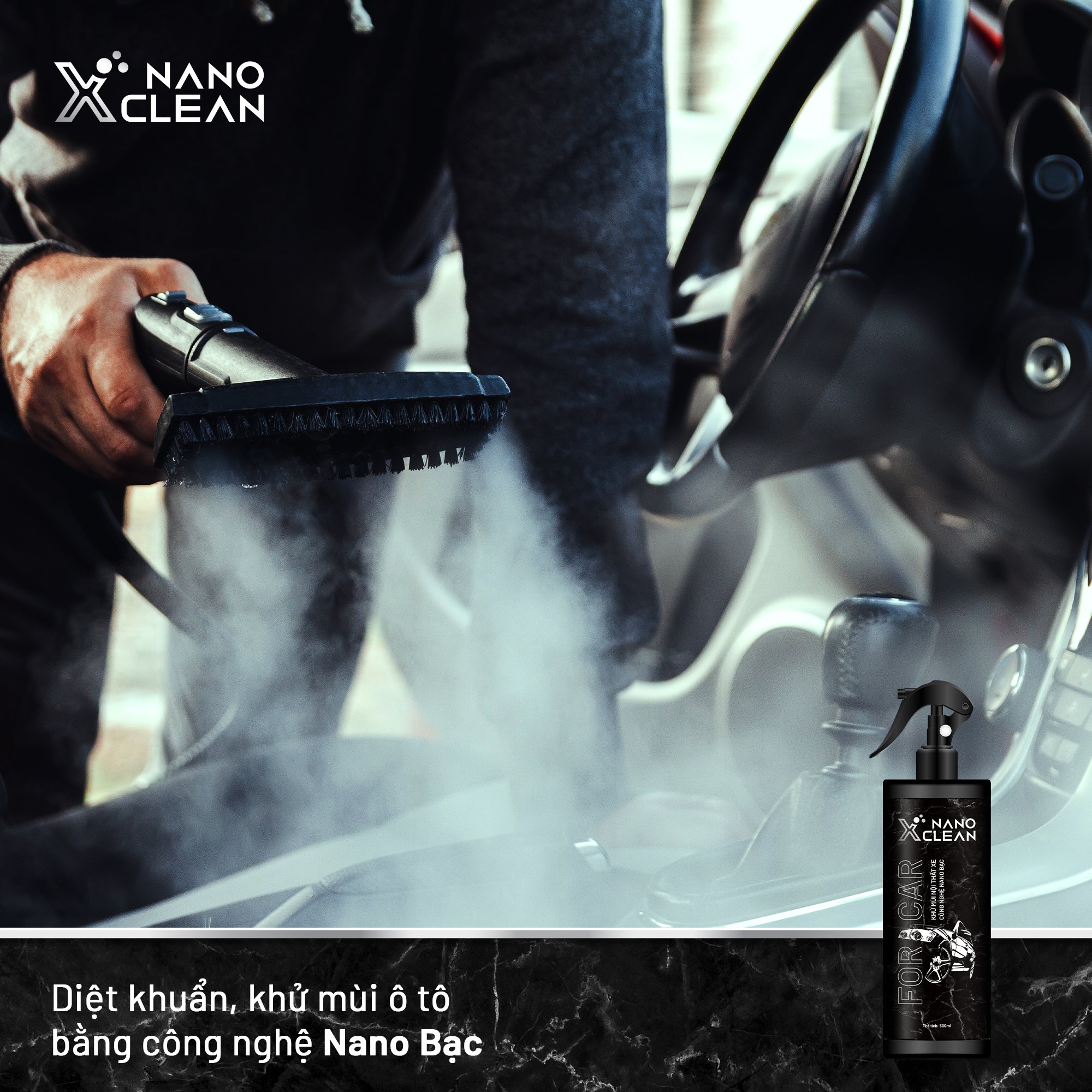 Khử mùi xe ô tô, xe hơi tạo hương thơm nano bạc Nano Xclean For Car 500ML AHT Corp - chai xịt diệt khuẩn khử mùi ô tô, mùi hải sản, mùi ẩm mốc, mùi hôi khó chịu không gian nội thất xe hơi - công nghệ nano an toàn, thân thiện