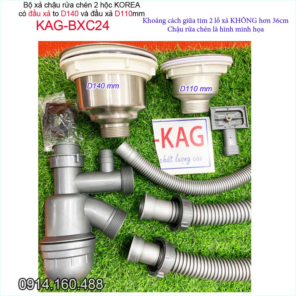 Bộ xả chậu rửa chén bát 1 hộc lớn 1 hộc nhỏ KAG-BXC24, trọn bộ xả bồn rửa chén bát 2 hộc lệch D110-D140 thoát nhanh sử d