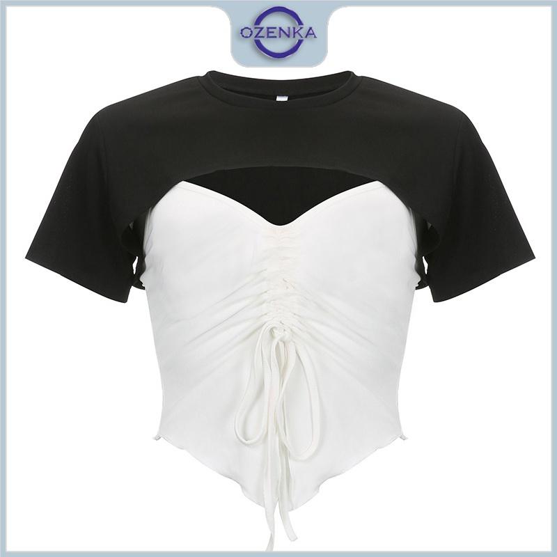 Set áo croptop cộc tay áo 2 dây rút dây sẻ giữa gợi cảm OZENKA , áo crt kiểu ôm body mix màu đen trắng size dưới 52 kg