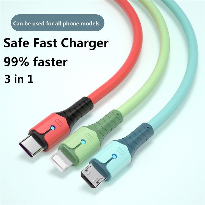 Dây cáp sạc nhanh 3 trong 1 Micro USB Type C và iPhone 5A có đèn LED 1m/ 1.5m