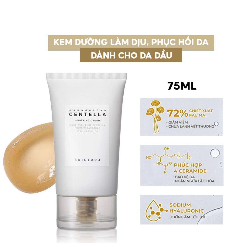 Kem Dưỡng Làm Dịu, Giảm Mụn, Phục Hồi Da Chiết Xuất Rau Má Skin1004 Madagascar Centella Cream