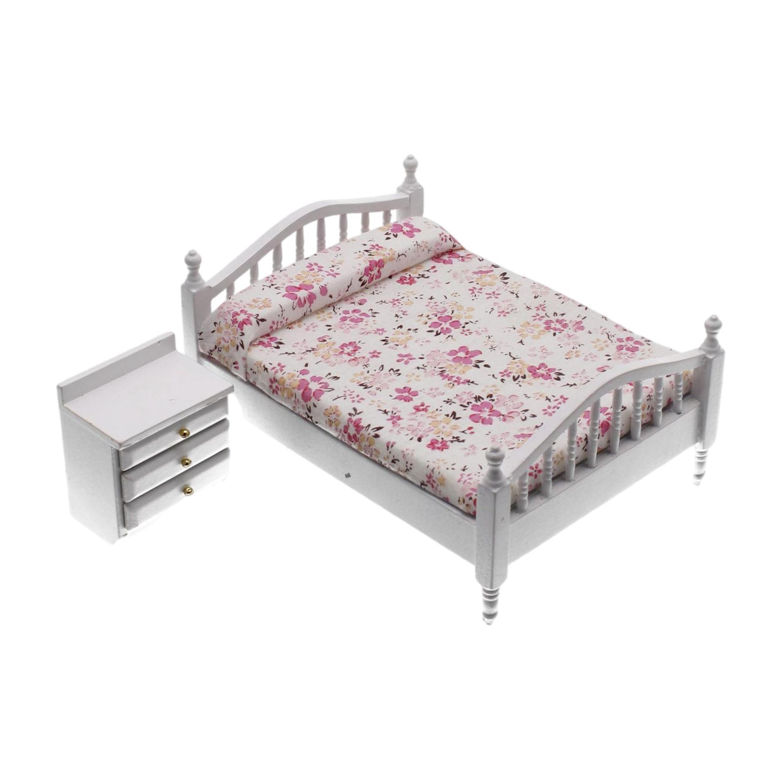1:12 Scale Miniature Dollhouse Bed with Bed Cabinet Dollhouse Decoration