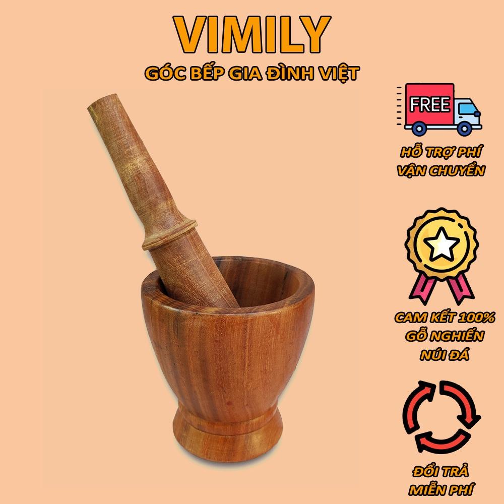 Cối chày gỗ nghiến Tây Bắc núi đá giã thức ăn gia vị VIMILY kích thước 13cm và 15cm