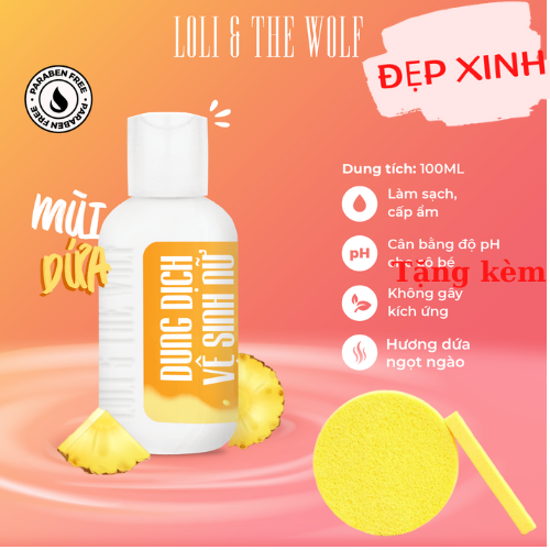 Dung dịch vệ sinh phụ nữ Loli The Wolf mùi dứa diện mạo mới thành phần tự nhiên chai 100ml Tặng Kèm Mút Rửa Mặt