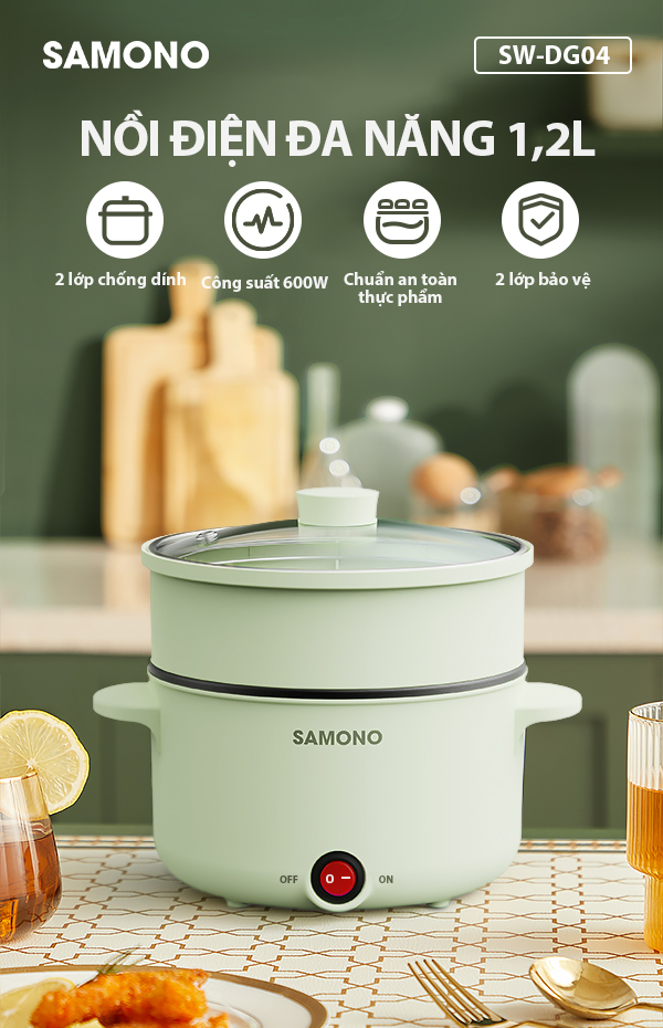 Nồi Điện Đa Năng SAMONO SW-DG04 Lòng Nồi Chống Dính Dung Tích 1.2 Lít Công Suất 600W Chất Liệu An Toàn Thực Phẩm Kèm Nồi Hấp HÀNG CHÍNH HÃNG