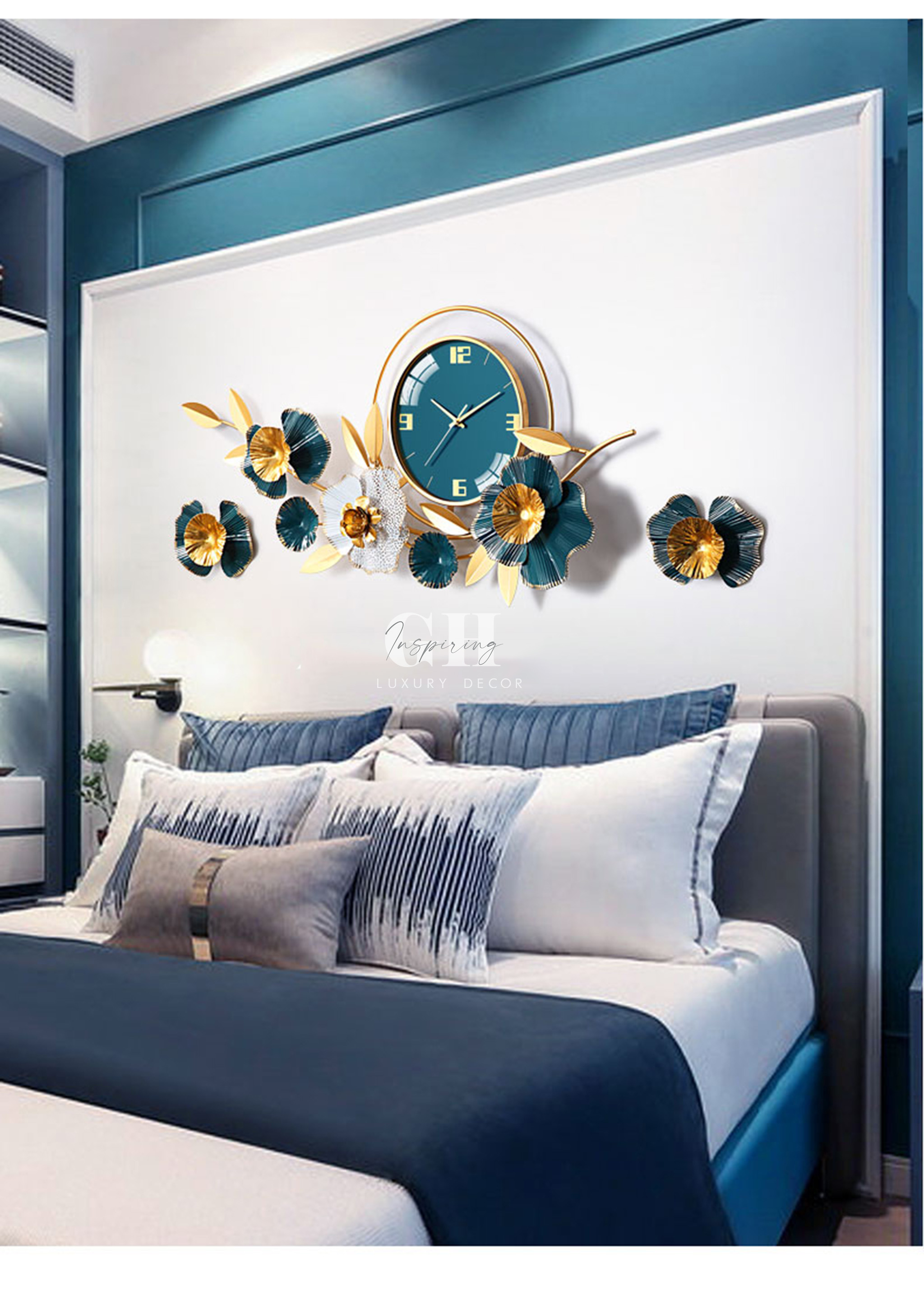 Đồng hồ treo tường hoa xanh decor cỡ lớn trang trí phòng sang trọng phong cách Châu Âu mã C1021