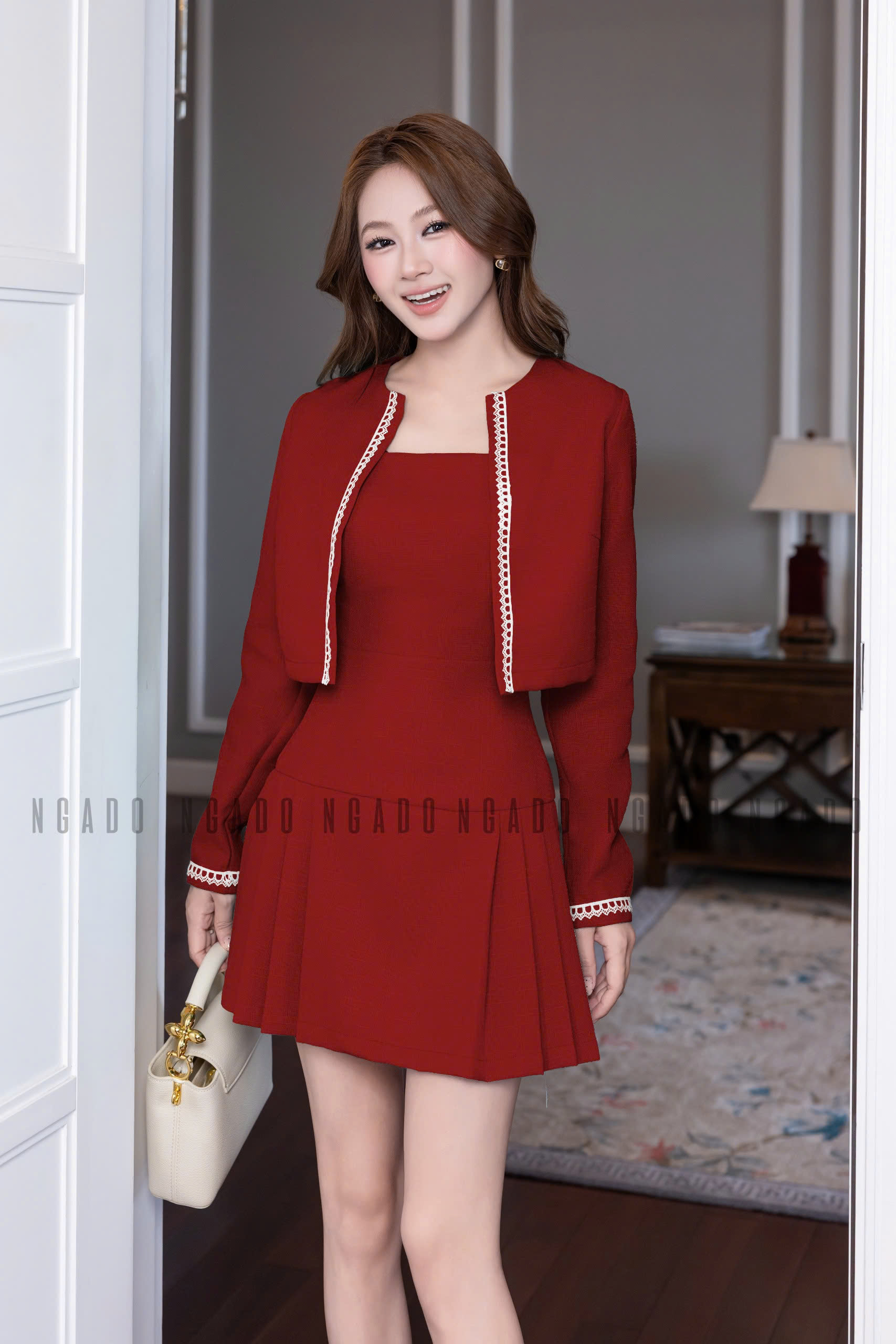 Set áo váy đỏ tay dài NGADO, set áo váy Nữ , set dự tiệc , công sở