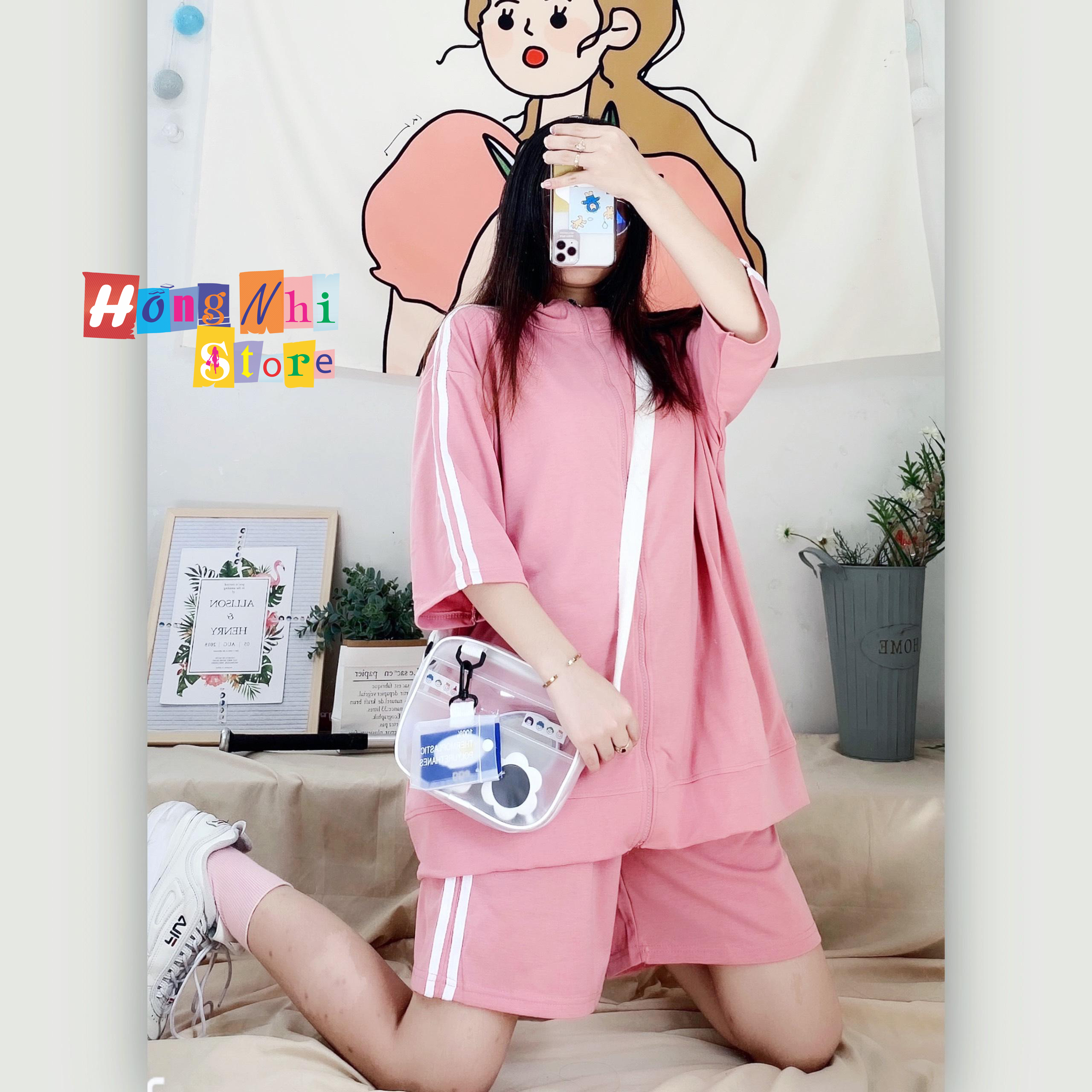 Set Bộ Thể Thao Unisex Áo Khoác Tay Ngắn Quần Lửng Màu Hồng Cao Cấp - MM