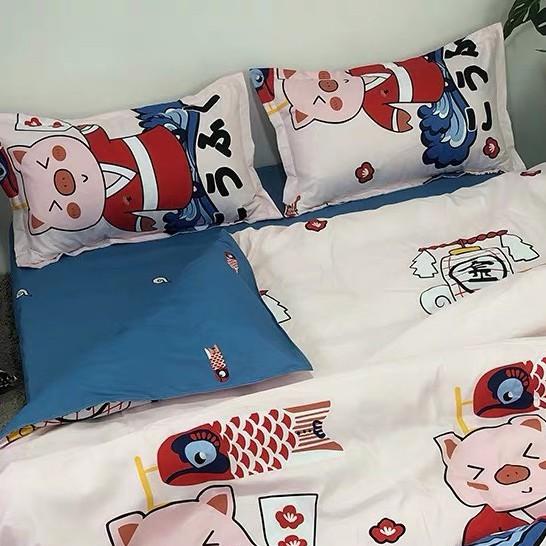 Chăn Ga Gối Đệm -Sét Chăn Ga Gối Lợn Múa Quạt PolyCotton Punpu3051
