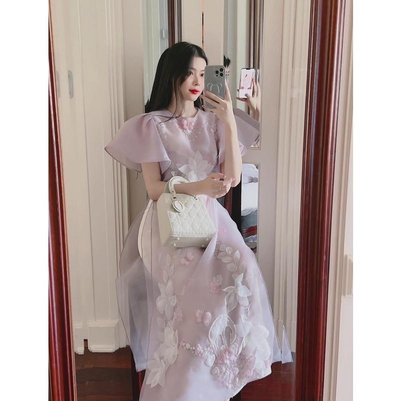 Áo Dài Thiết Kế Đính Hoa Tay Cánh Tiên 4 Tà , A12