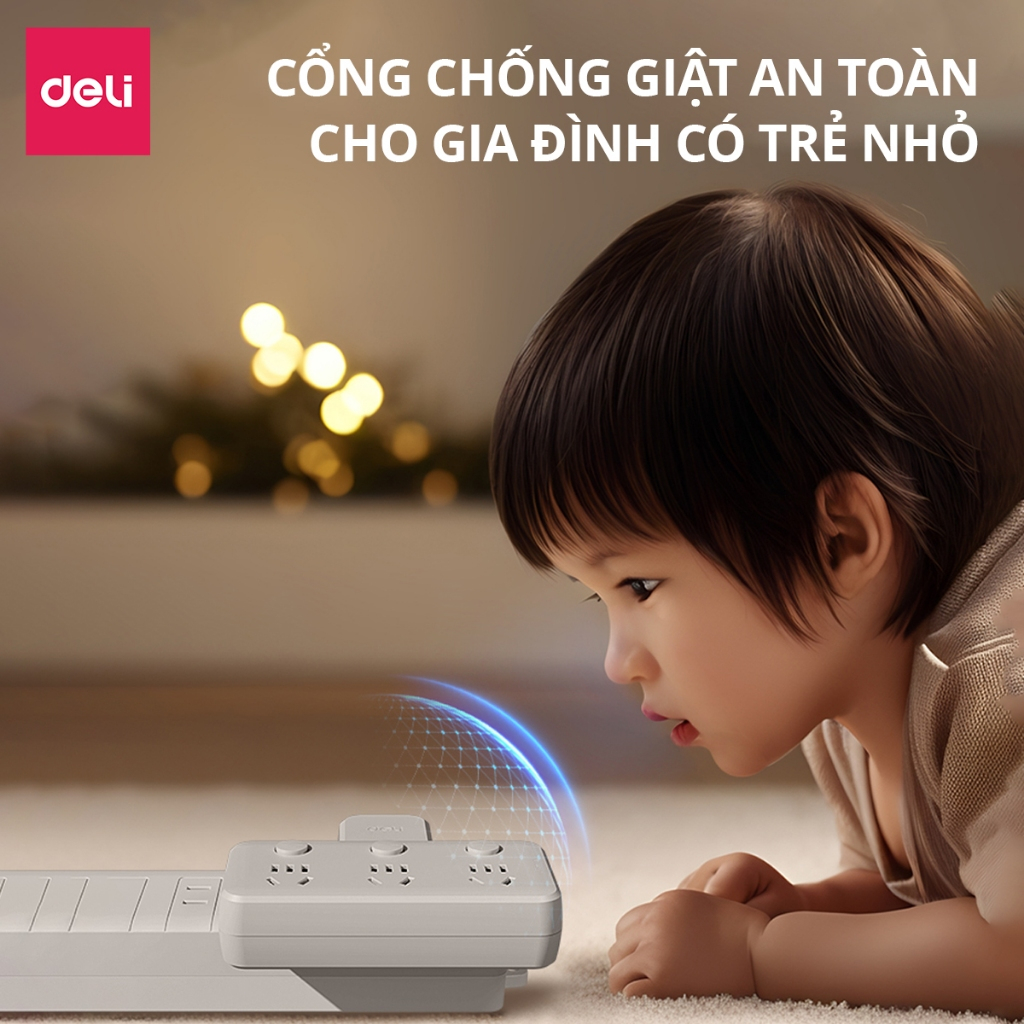 Ổ Cắm Chia Điện Deli, Ổ Cắm Điện Chữ T Công Suất 2500W Tích Hợp Cổng USB &amp;TypeC Sạc Nhanh 20W