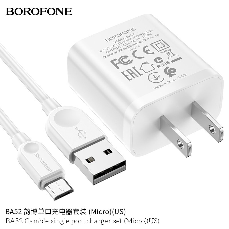 Bộ Cóc Cáp Sạc Borofone BA52 Cổng Micro - 1 Cổng USB 2.1A chuẩn US- Hàng  Nhập Khẩu ( Giao màu ngẫu nhiên)