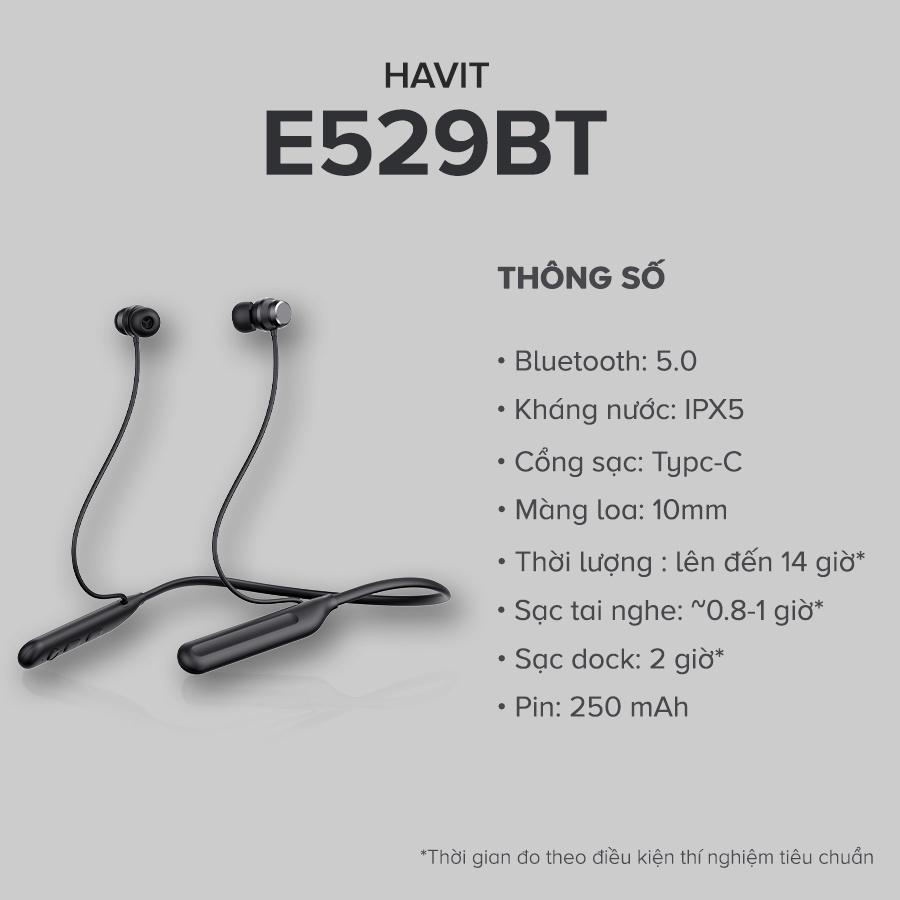 Tai Nghe Thể Thao Bluetooth HAVIT E529BT, BT 5.0, Mic ENC Đàm Thoại, Kháng IPX5, Nghe Đến 14h - Hàng Chính Hãng